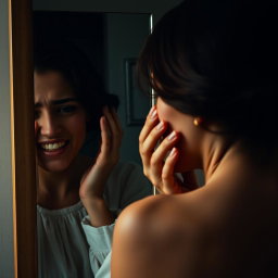 A poignant scene featuring an actress reflecting in a mirror, exhibiting a sorrowful expression, feeling lost in her own identity
