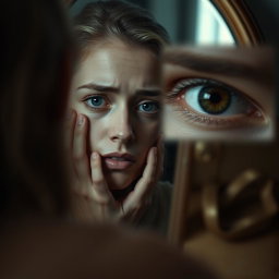 A poignant scene featuring an actress reflecting in a mirror, exhibiting a sorrowful expression, feeling lost in her own identity