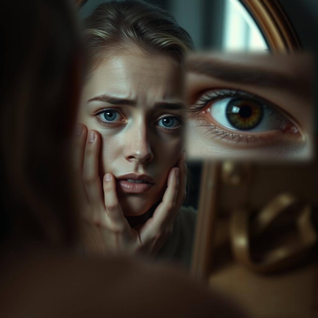 A poignant scene featuring an actress reflecting in a mirror, exhibiting a sorrowful expression, feeling lost in her own identity