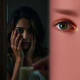 A poignant scene featuring an actress reflecting in a mirror, exhibiting a sorrowful expression, feeling lost in her own identity