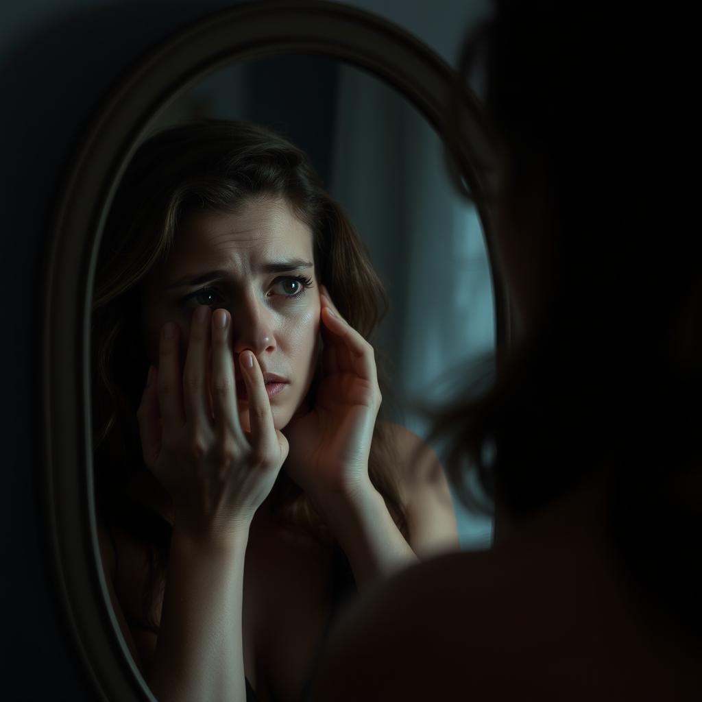 A dramatic scene featuring an actress reflecting in a mirror, displaying a sorrowful expression, feeling unrecognizable to herself