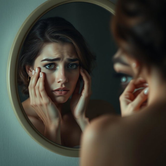 A dramatic scene featuring an actress reflecting in a mirror, displaying a sorrowful expression, feeling unrecognizable to herself