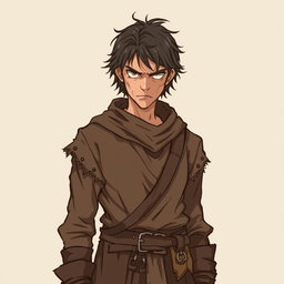 A suspicious looking male townsperson, dressed in tattered brown clothes reminiscent of a Dungeons and Dragons setting, with a cautious expression and wary eyes, stands against a neutral background that doesn't distract from the character