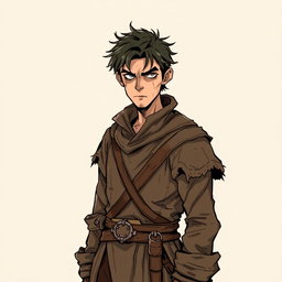 A suspicious looking male townsperson, dressed in tattered brown clothes reminiscent of a Dungeons and Dragons setting, with a cautious expression and wary eyes, stands against a neutral background that doesn't distract from the character