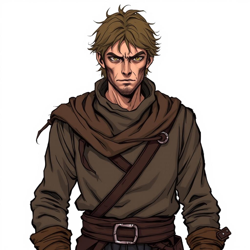 A suspicious looking male townsperson, dressed in tattered brown clothes reminiscent of a Dungeons and Dragons setting, with a cautious expression and wary eyes, stands against a neutral background that doesn't distract from the character