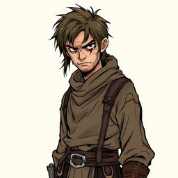 A suspicious looking male townsperson, dressed in tattered brown clothes reminiscent of a Dungeons and Dragons setting, with a cautious expression and wary eyes, stands against a neutral background that doesn't distract from the character