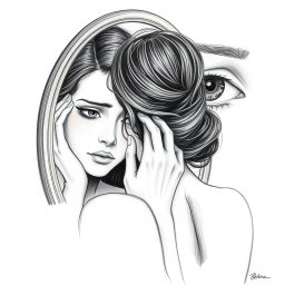 A poignant drawing of an actress reflecting in a mirror, showing a sorrowful expression as she struggles to recognize herself