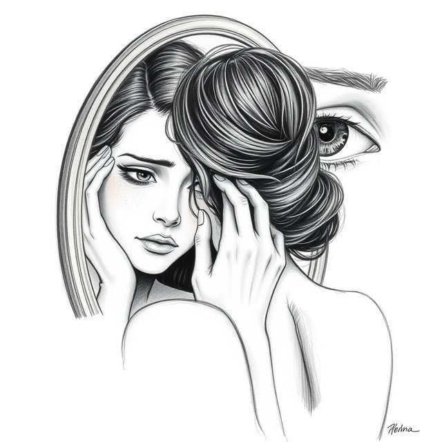 A poignant drawing of an actress reflecting in a mirror, showing a sorrowful expression as she struggles to recognize herself