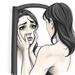 A poignant drawing of an actress reflecting in a mirror, showing a sorrowful expression as she struggles to recognize herself