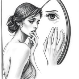 A poignant drawing of an actress reflecting in a mirror, showing a sorrowful expression as she struggles to recognize herself