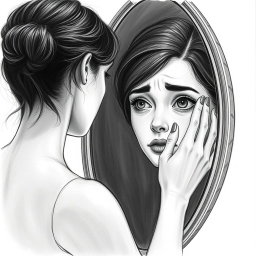 A poignant drawing of an actress reflecting in a mirror, showing a sorrowful expression as she struggles to recognize herself