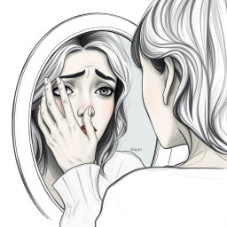 A touching drawing of an actress gazing into a mirror, her face depicting sadness and confusion, struggling to recognize her own reflection