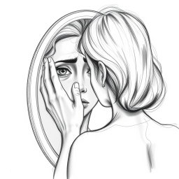 A touching drawing of an actress gazing into a mirror, her face depicting sadness and confusion, struggling to recognize her own reflection