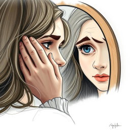 A touching drawing of an actress gazing into a mirror, her face depicting sadness and confusion, struggling to recognize her own reflection