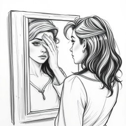 A captivating drawing of an actress standing in front of a mirror, her expression one of deep sadness as she struggles to recognize her own reflection