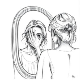 A captivating drawing of an actress standing in front of a mirror, her expression one of deep sadness as she struggles to recognize her own reflection