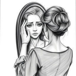 A captivating drawing of an actress standing in front of a mirror, her expression one of deep sadness as she struggles to recognize her own reflection
