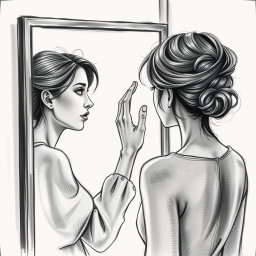 A captivating drawing of an actress standing in front of a mirror, her expression one of deep sadness as she struggles to recognize her own reflection