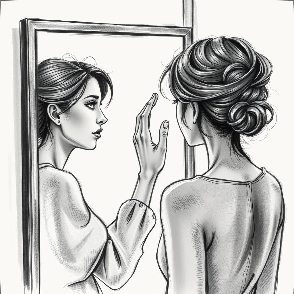 A captivating drawing of an actress standing in front of a mirror, her expression one of deep sadness as she struggles to recognize her own reflection