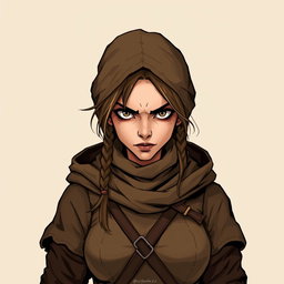 A suspicious looking female townsperson, adorned in worn brown clothing typical of a Dungeons and Dragons setting, features a cautious expression and piercing eyes, conveying a sense of wariness