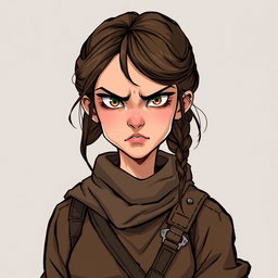 A suspicious looking female townsperson, adorned in worn brown clothing typical of a Dungeons and Dragons setting, features a cautious expression and piercing eyes, conveying a sense of wariness
