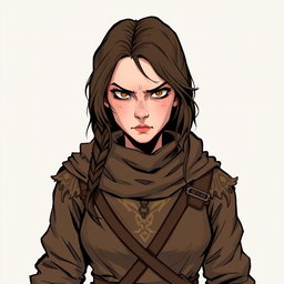 A suspicious looking female townsperson, adorned in worn brown clothing typical of a Dungeons and Dragons setting, features a cautious expression and piercing eyes, conveying a sense of wariness
