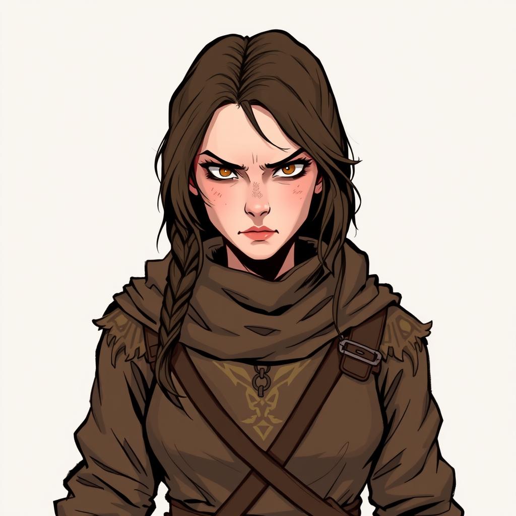 A suspicious looking female townsperson, adorned in worn brown clothing typical of a Dungeons and Dragons setting, features a cautious expression and piercing eyes, conveying a sense of wariness