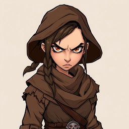 A suspicious looking female townsperson, adorned in worn brown clothing typical of a Dungeons and Dragons setting, features a cautious expression and piercing eyes, conveying a sense of wariness