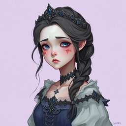 A withered, yet beautiful princess, displaying a haunting elegance despite her slight injuries and pale complexion, is depicted in a Dungeons and Dragons style illustration