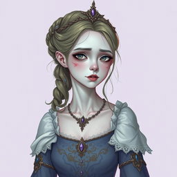 A withered, yet beautiful princess, displaying a haunting elegance despite her slight injuries and pale complexion, is depicted in a Dungeons and Dragons style illustration