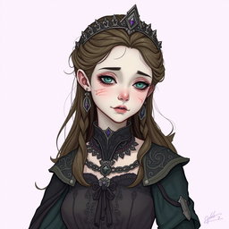 A withered, yet beautiful princess, displaying a haunting elegance despite her slight injuries and pale complexion, is depicted in a Dungeons and Dragons style illustration