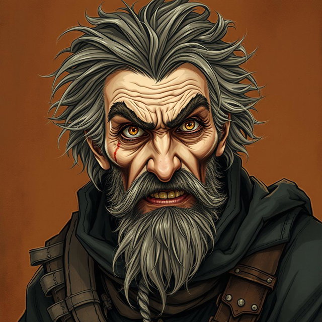 A madman with a wise look in his eye is depicted in a captivating Dungeons and Dragons style illustration