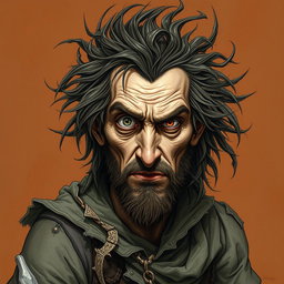 A madman with a wise look in his eye is depicted in a captivating Dungeons and Dragons style illustration