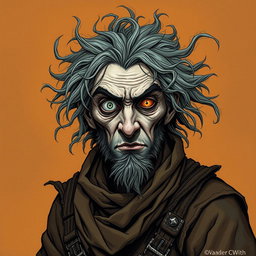 A madman with a wise look in his eye is depicted in a captivating Dungeons and Dragons style illustration