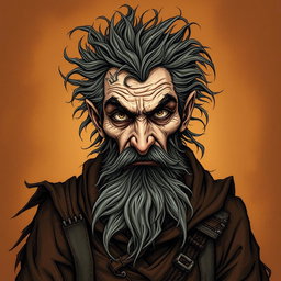 A madman with a wise look in his eye is depicted in a captivating Dungeons and Dragons style illustration