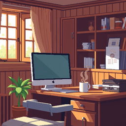 A cozy pixel art scene depicting an office desk with a computer screen, surrounded by warm wood details
