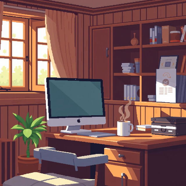 A cozy pixel art scene depicting an office desk with a computer screen, surrounded by warm wood details