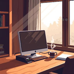 A cozy pixel art scene depicting an office desk with a computer screen, surrounded by warm wood details