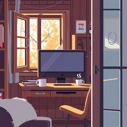 A cozy pixel art scene depicting an office desk with a computer screen, surrounded by warm wood details