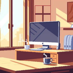 A cozy pixel art scene depicting an office desk with a computer screen, surrounded by warm wood details