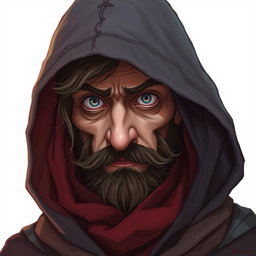 A hooded madman with a wise look in his eye is featured in a mesmerizing Dungeons and Dragons style illustration