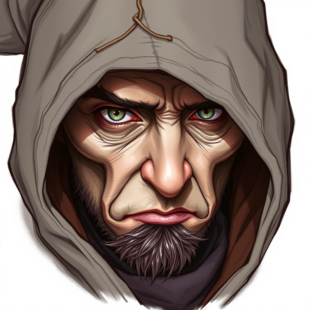 A hooded madman with a wise look in his eye is featured in a mesmerizing Dungeons and Dragons style illustration