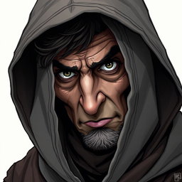 A hooded madman with a wise look in his eye is featured in a mesmerizing Dungeons and Dragons style illustration