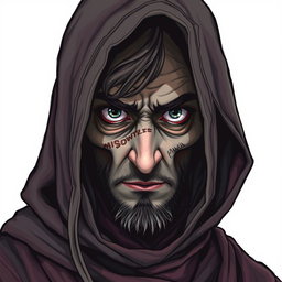 A hooded madman with a wise look in his eye is featured in a mesmerizing Dungeons and Dragons style illustration