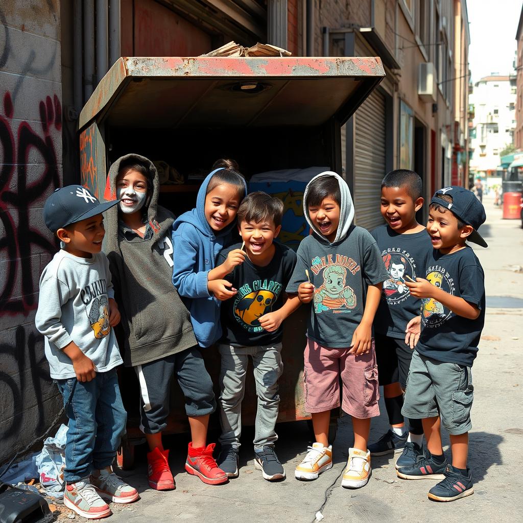 A group of urban children, dressed in casual streetwear, playfully gathered behind a dumpster in a gritty alley