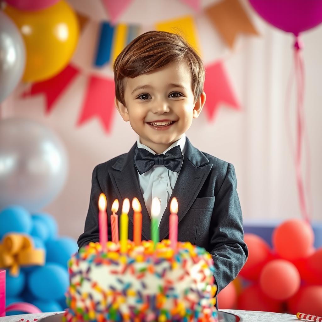A charming little boy dressed in a stylish suit complete with a bowtie, celebrating his birthday