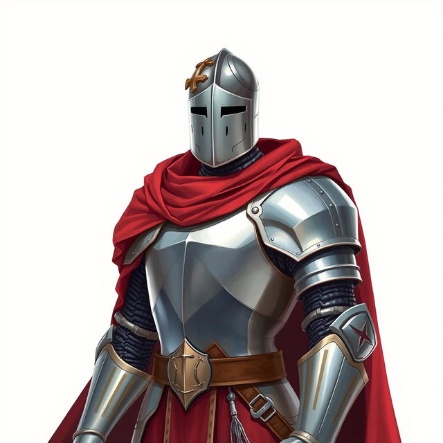 A knight in shining steel armor, adorned with a flowing red cape, is depicted in a striking Dungeons and Dragons style illustration