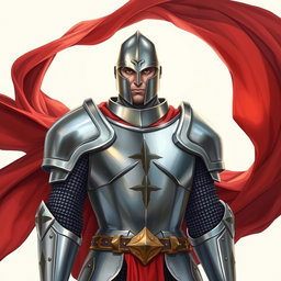 A knight in shining steel armor, adorned with a flowing red cape, is depicted in a striking Dungeons and Dragons style illustration