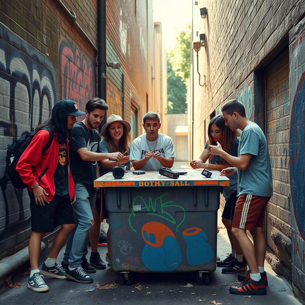 A group of urban youths dressed in trendy streetwear, playfully gathered around a colorful dumpster in a gritty back alley