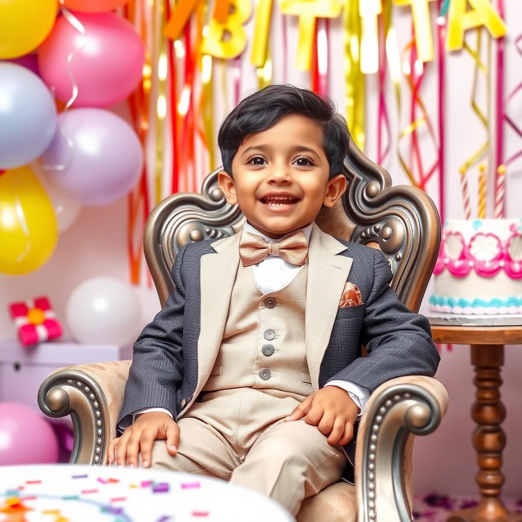 A charming little boy dressed in a stylish suit with a bowtie, sitting comfortably in a decorative chair at a festive birthday party